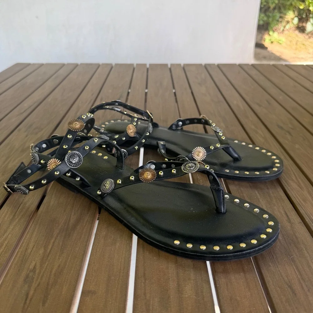 Steve Madden Recent Black Studded Gladiator Sandals Mixed Metal Boho Flat 9.5M